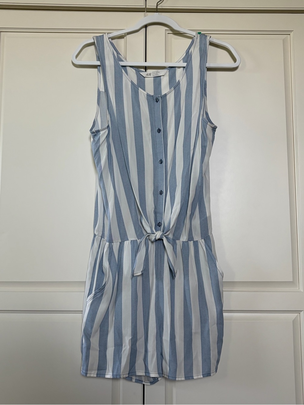 H&M Lightweight Blue and White Striped Tie-Front Sleeveless Romper